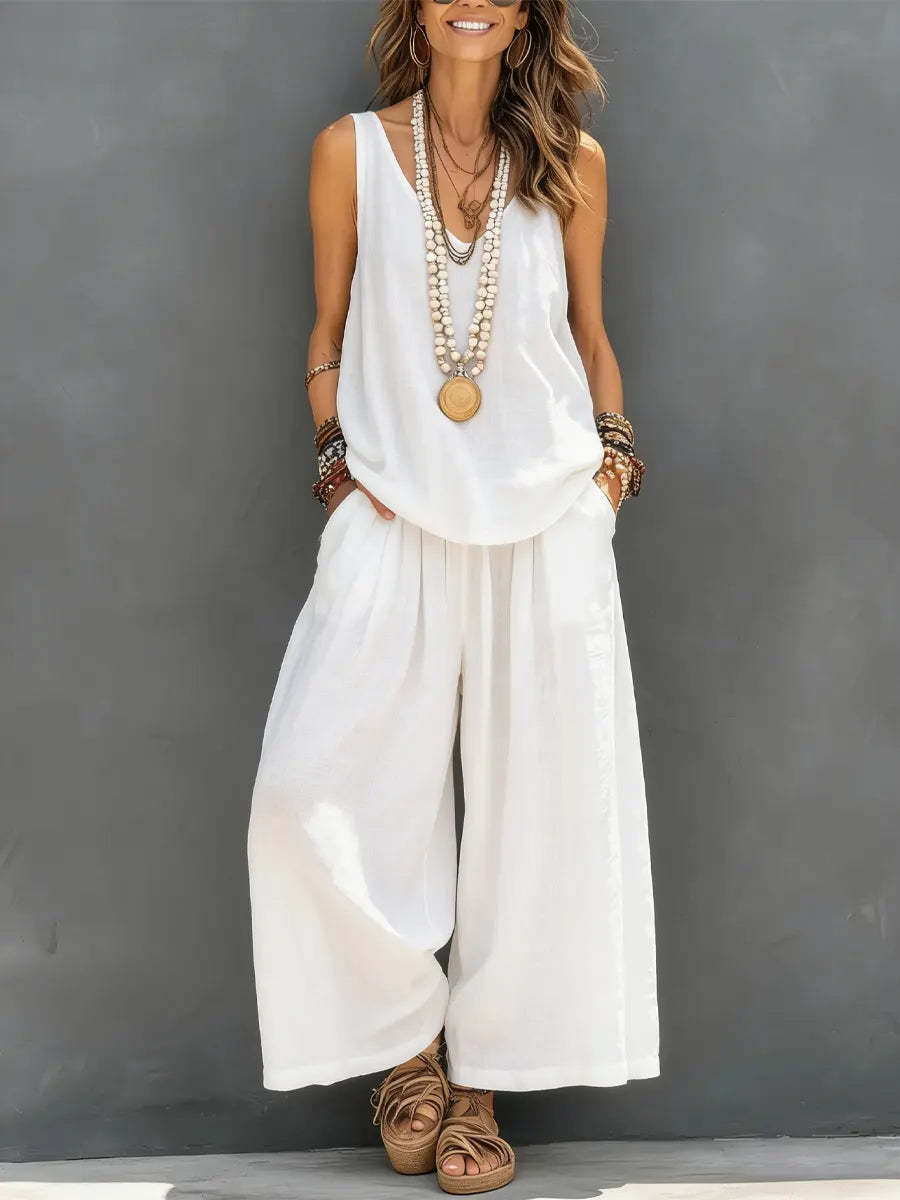 Ensemble Débardeur & Pantalon Large Coton-Lin Femme
