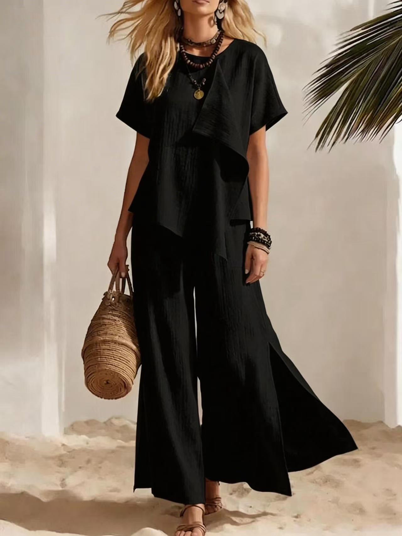Ensemble Top Asymétrique & Pantalon Large Fendu Femme