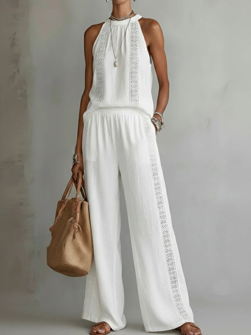 Ensemble Top Dentelle Rétro & Pantalon Large Femme