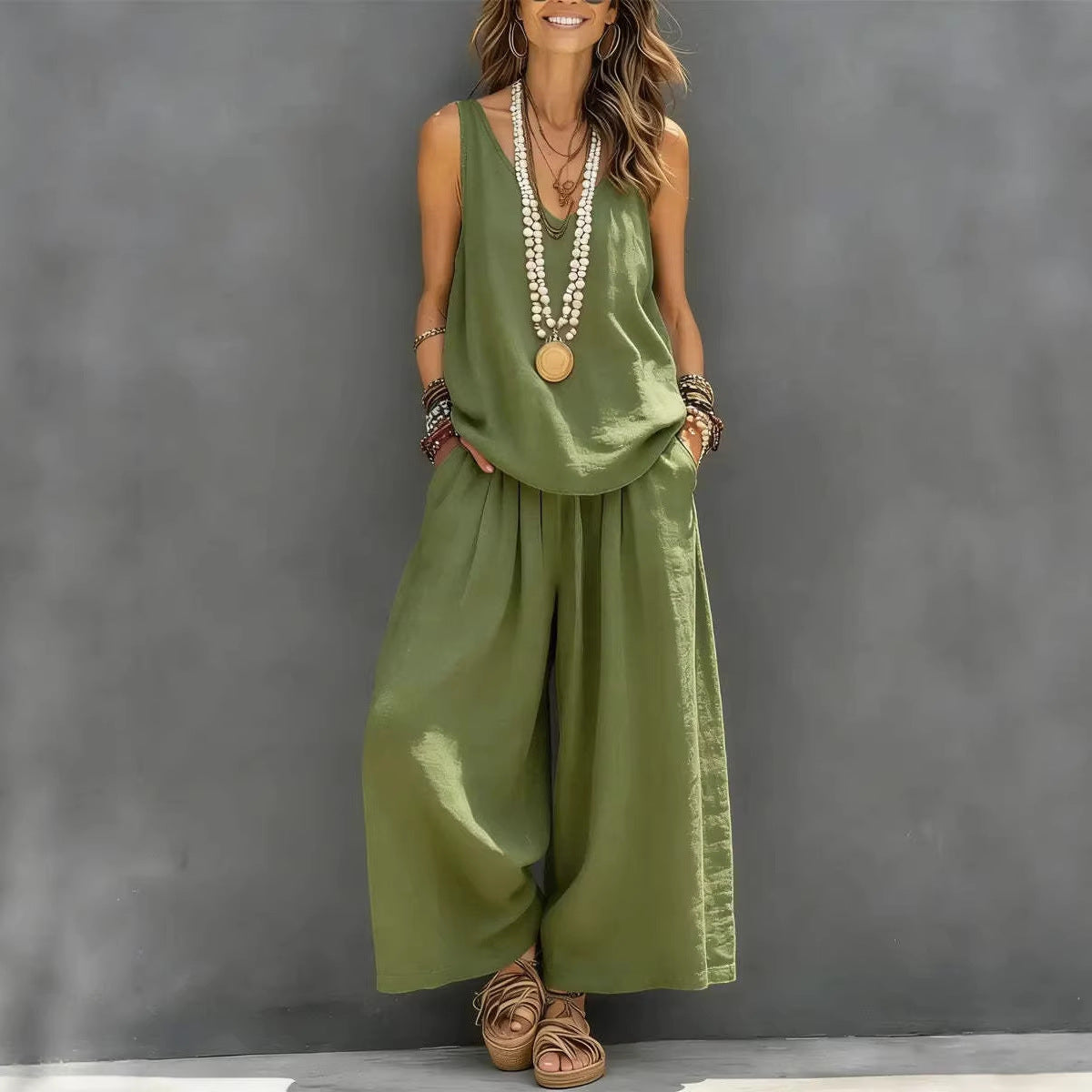 Ensemble Débardeur & Pantalon Large Coton-Lin Femme