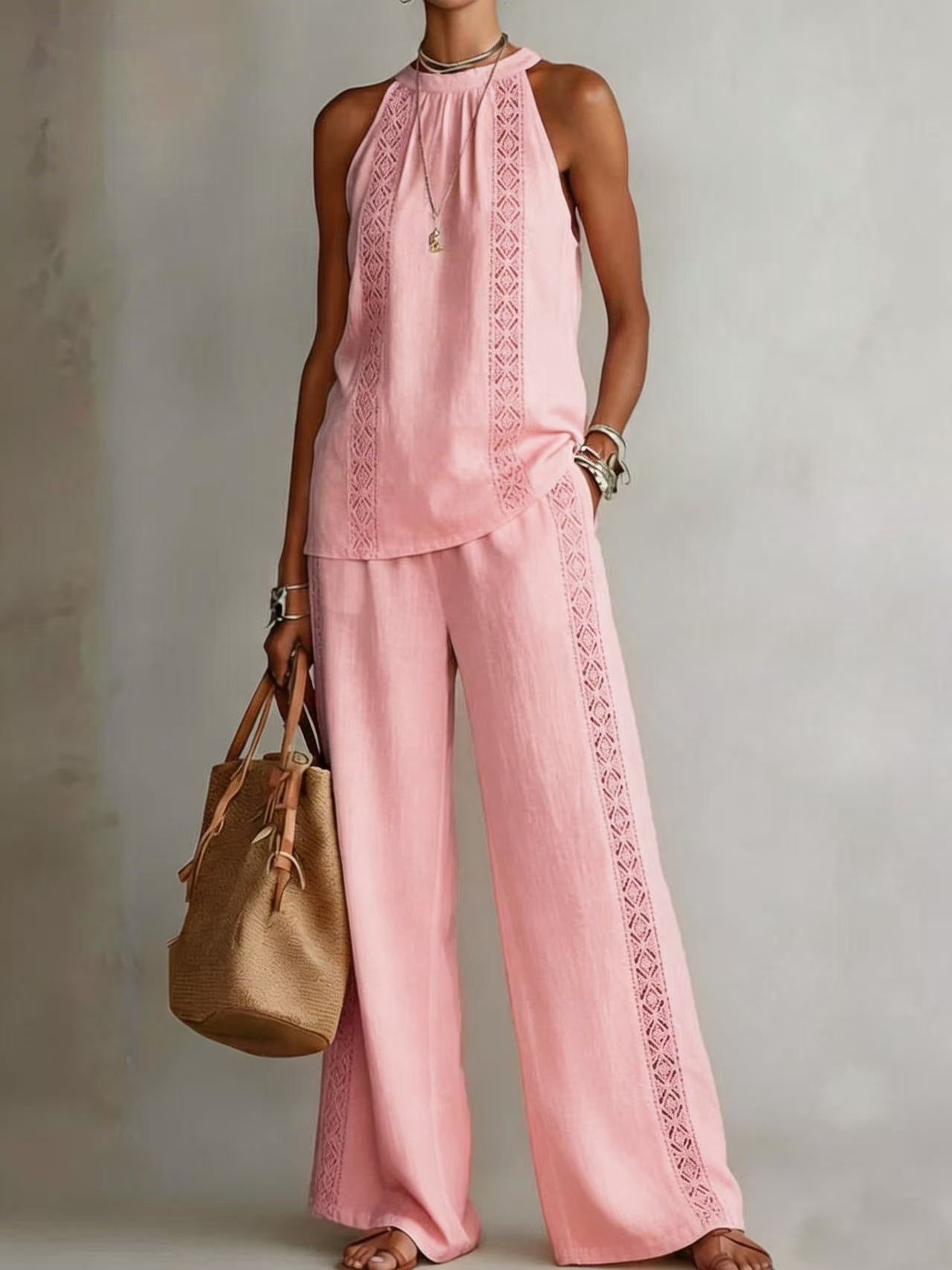 Ensemble Top Dentelle Rétro & Pantalon Large Femme