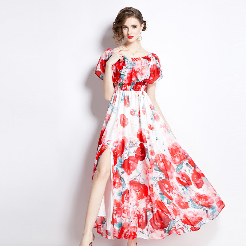 Robe Chiffon Imprimée Fendue Femme — Légèreté & Sensualité