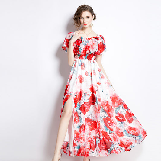 Robe Chiffon Imprimée Fendue Femme — Légèreté & Sensualité