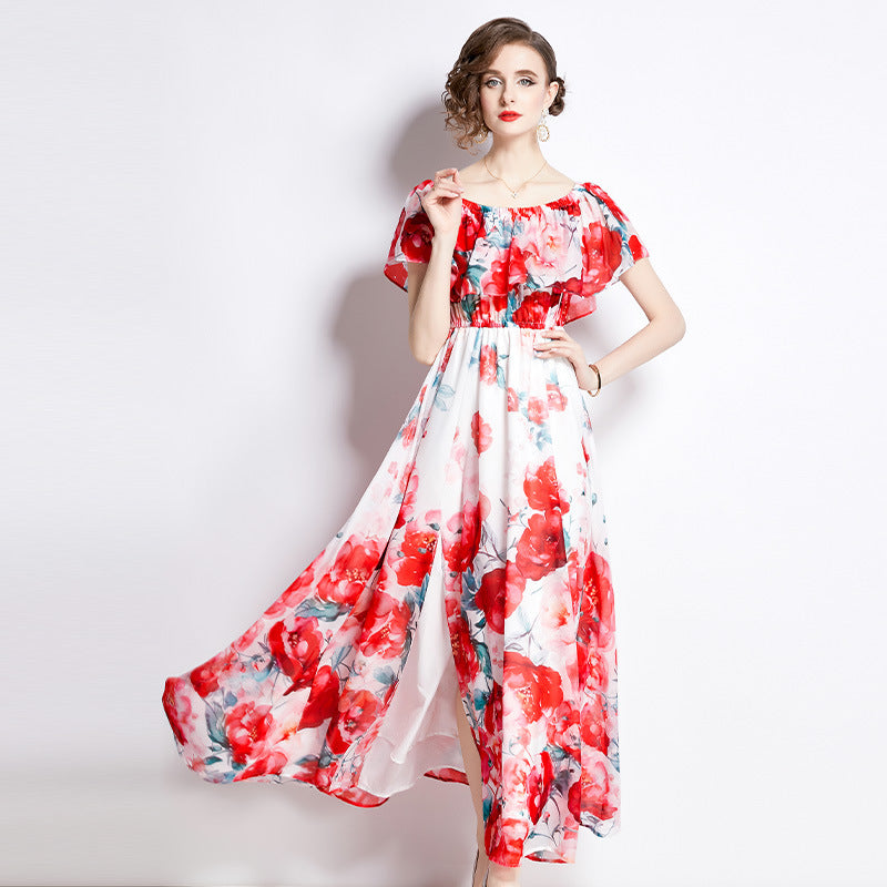 Robe Chiffon Imprimée Fendue Femme — Légèreté & Sensualité