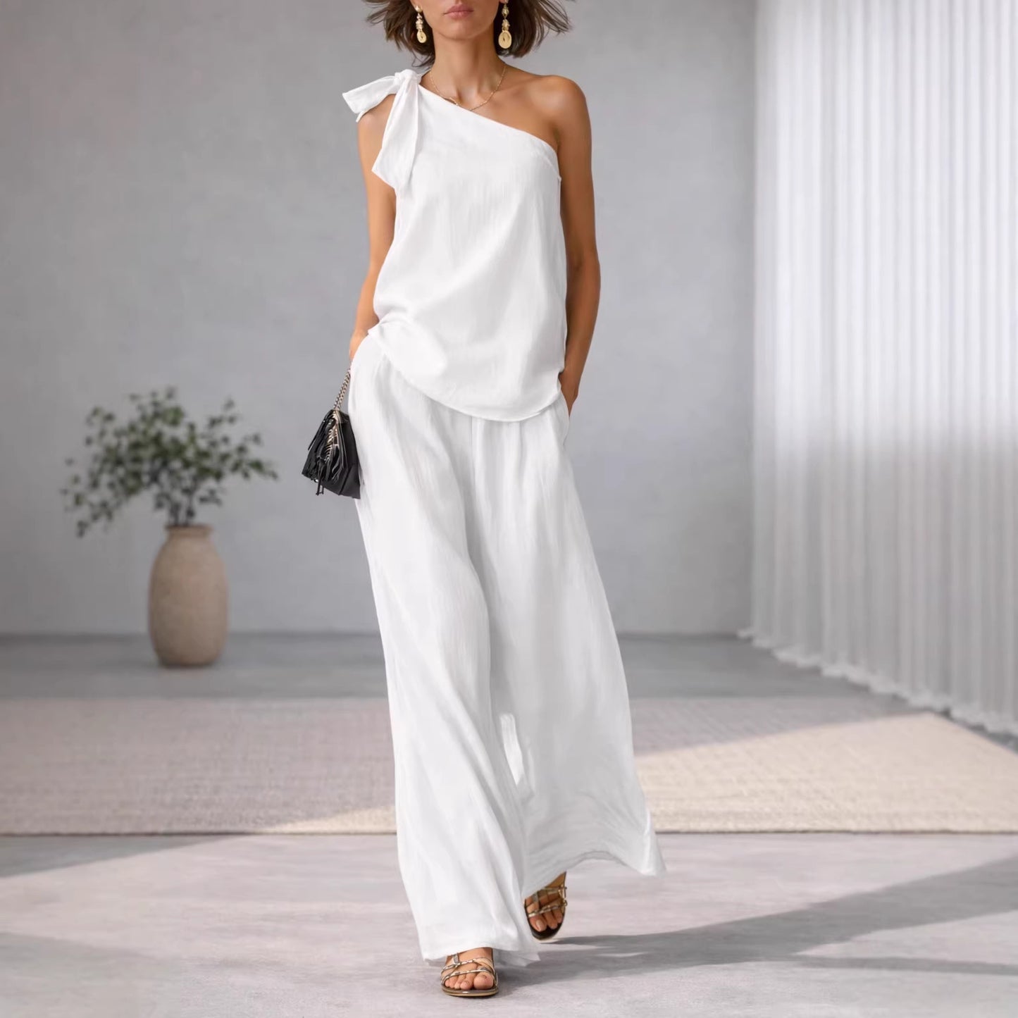 Top Épaule Dénudée Nœud & Pantalon Large Femme