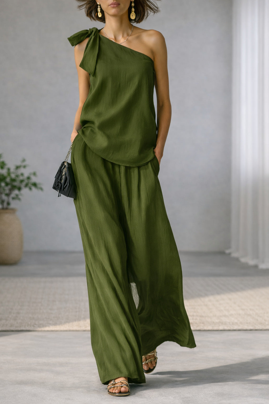 Top Épaule Dénudée Nœud & Pantalon Large Femme