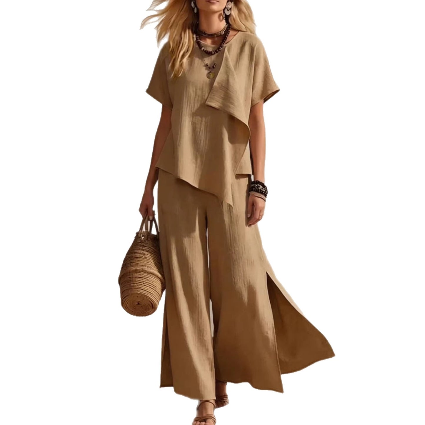 Ensemble Top Asymétrique & Pantalon Large Fendu Femme