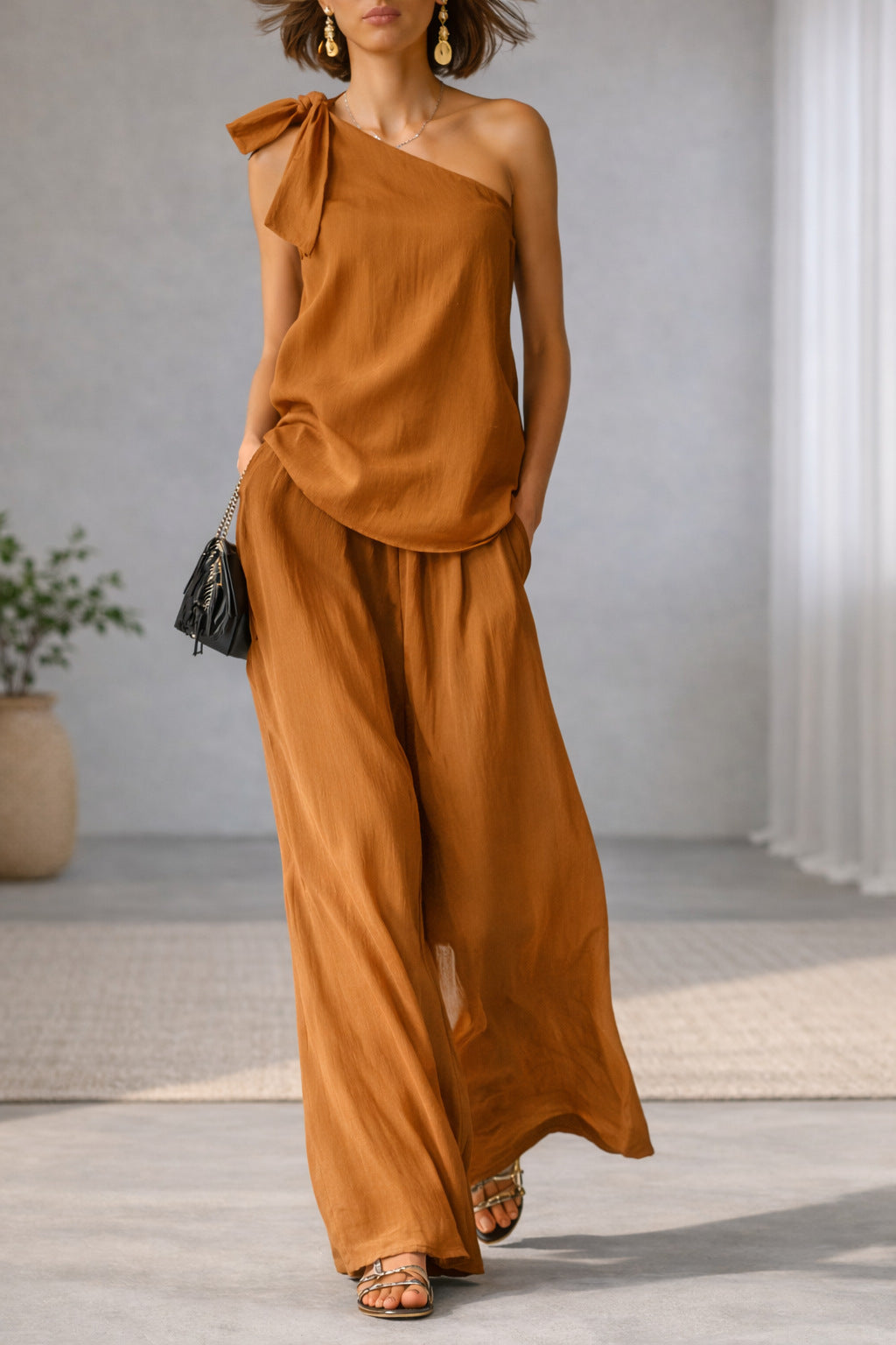 Top Épaule Dénudée Nœud & Pantalon Large Femme