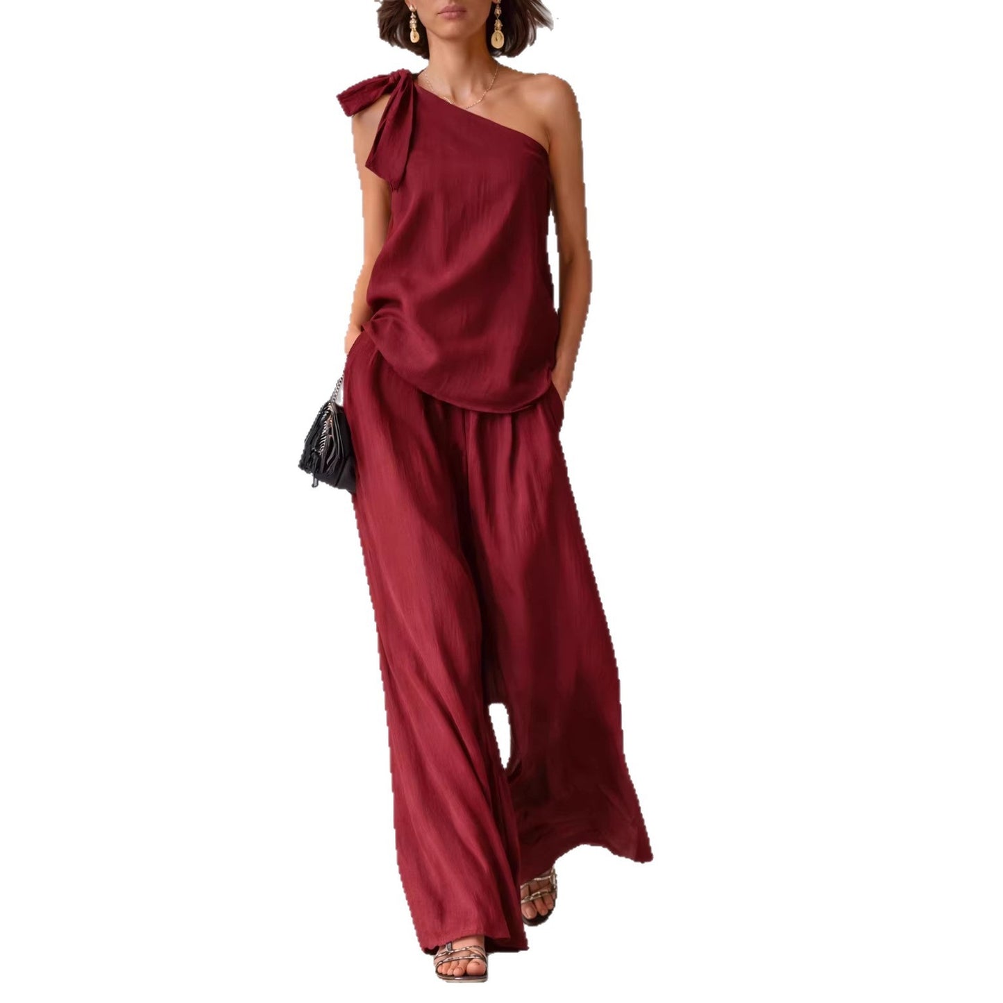 Top Épaule Dénudée Nœud & Pantalon Large Femme