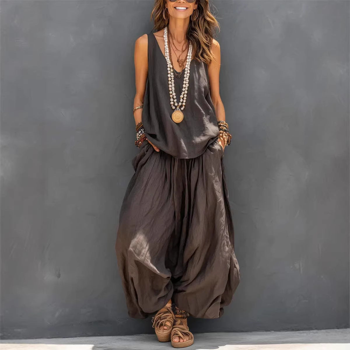 Ensemble Débardeur & Pantalon Large Coton-Lin Femme