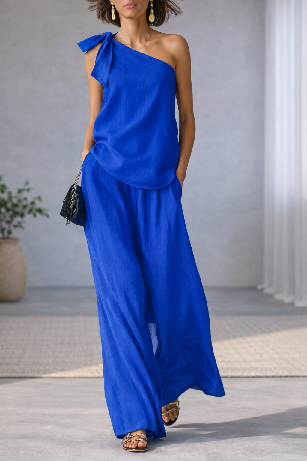 Top Épaule Dénudée Nœud & Pantalon Large Femme