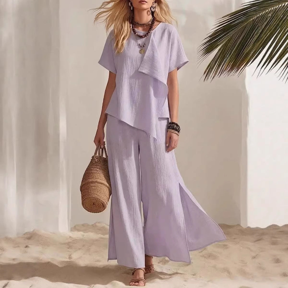 Ensemble Top Asymétrique & Pantalon Large Fendu Femme