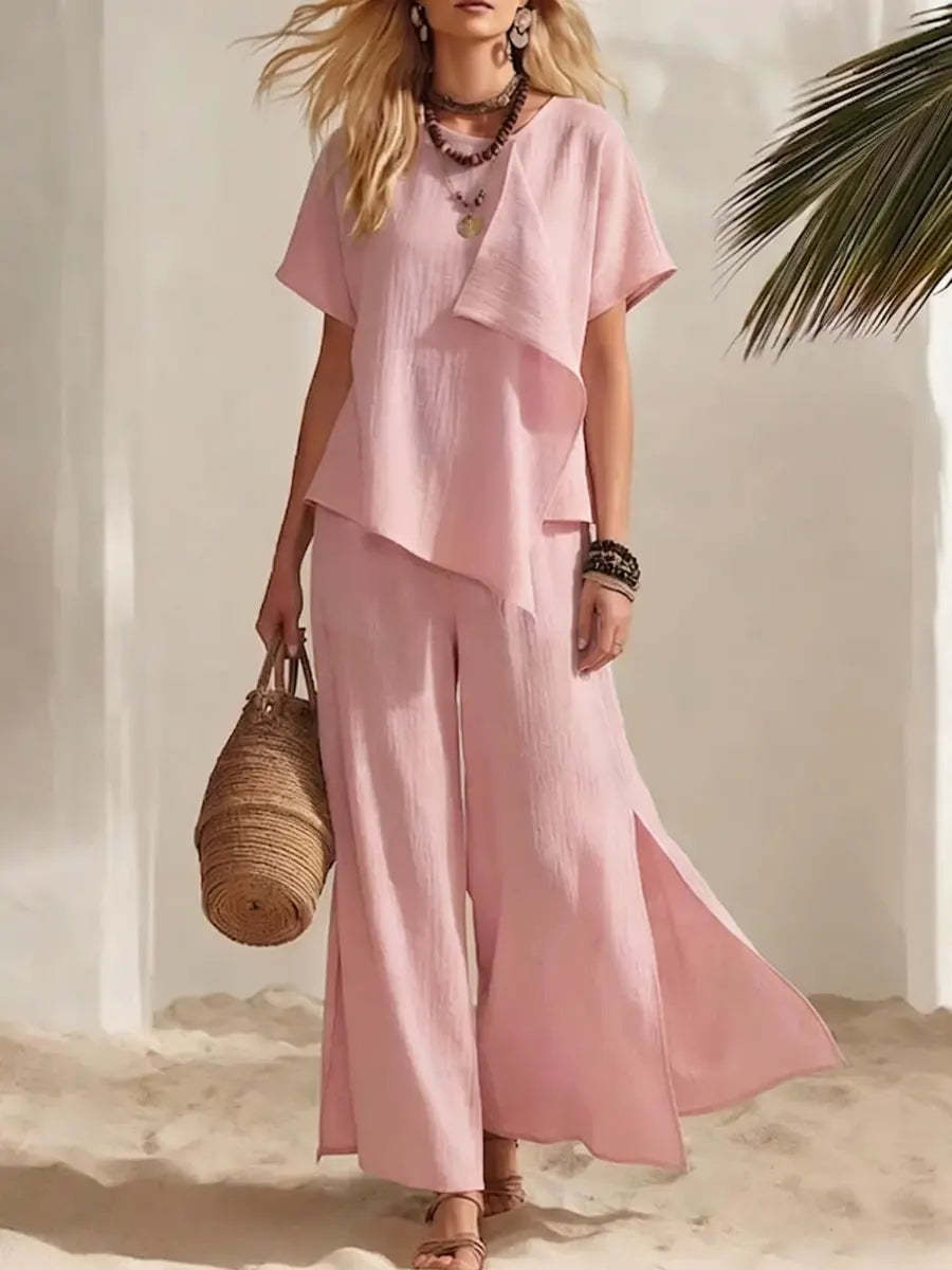 Ensemble Top Asymétrique & Pantalon Large Fendu Femme