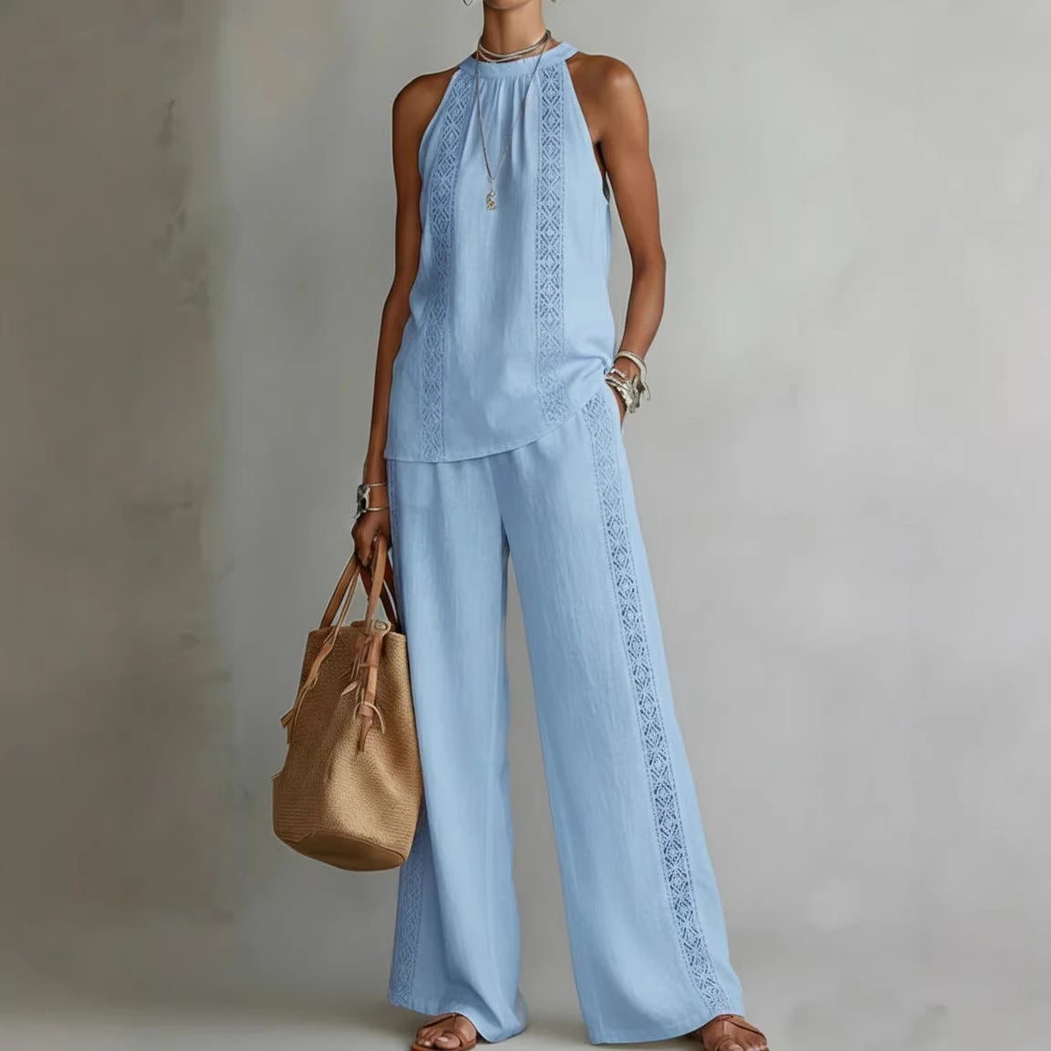 Ensemble Top Dentelle Rétro & Pantalon Large Femme