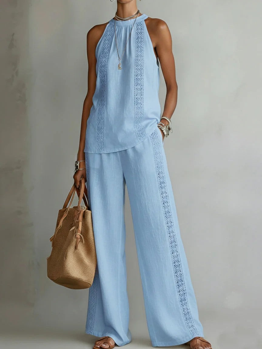 Ensemble Top Dentelle Rétro & Pantalon Large Femme