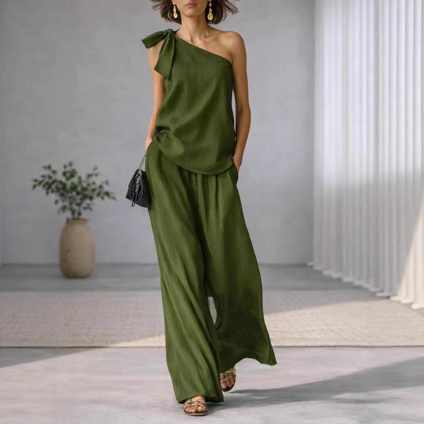 Top Épaule Dénudée Nœud & Pantalon Large Femme