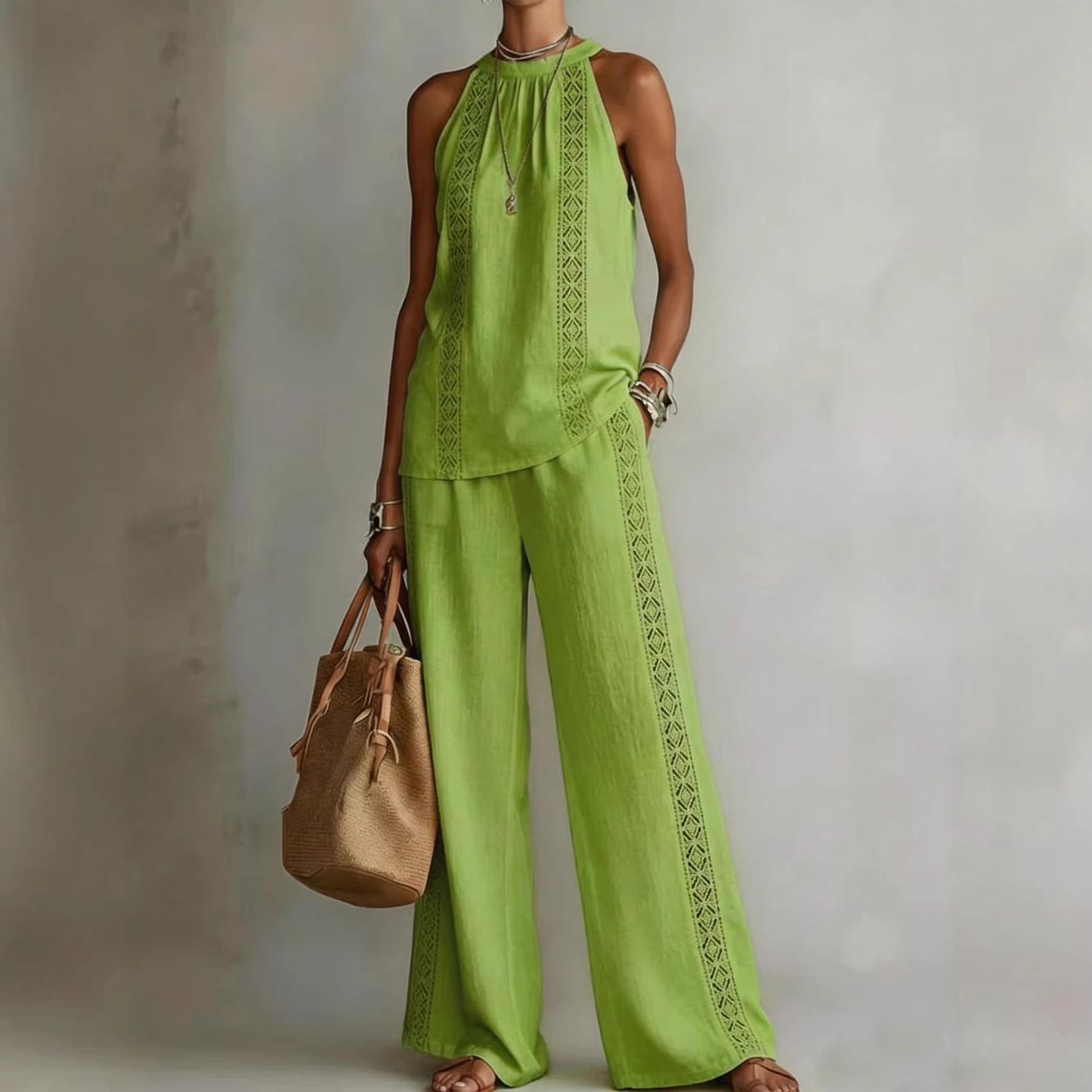 Ensemble Top Dentelle Rétro & Pantalon Large Femme