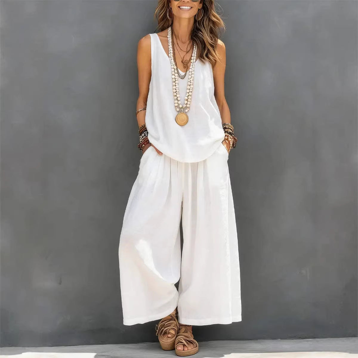 Ensemble Débardeur & Pantalon Large Coton-Lin Femme