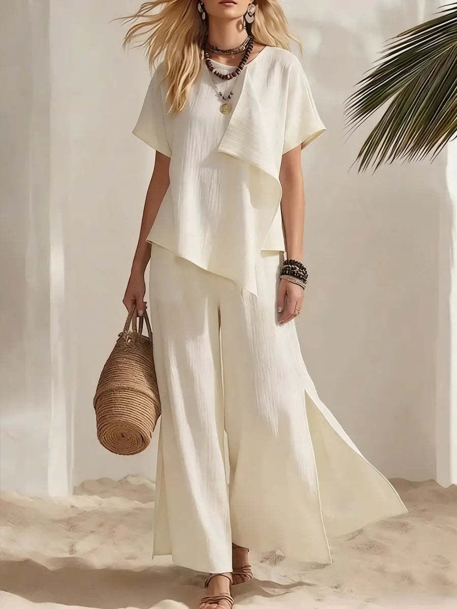 Ensemble Top Asymétrique & Pantalon Large Fendu Femme