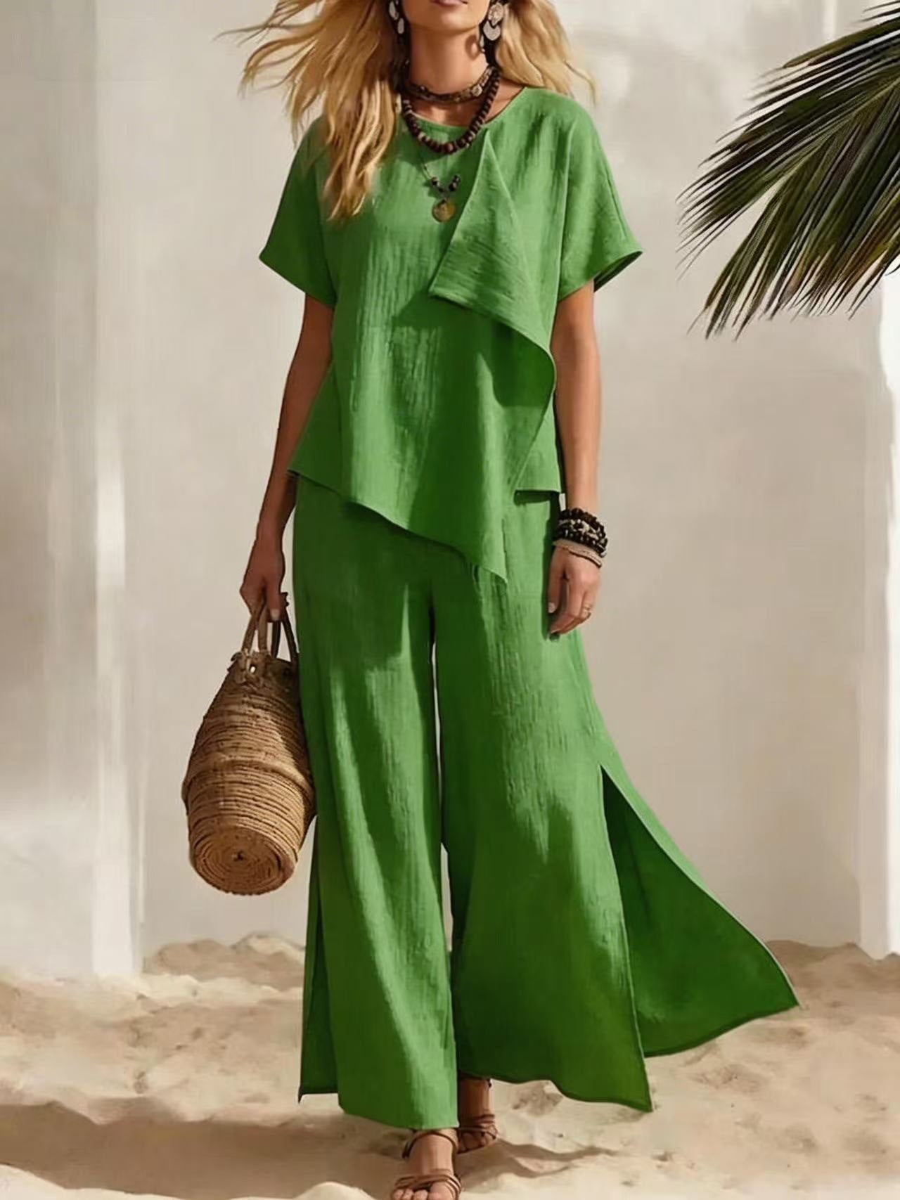 Ensemble Top Asymétrique & Pantalon Large Fendu Femme