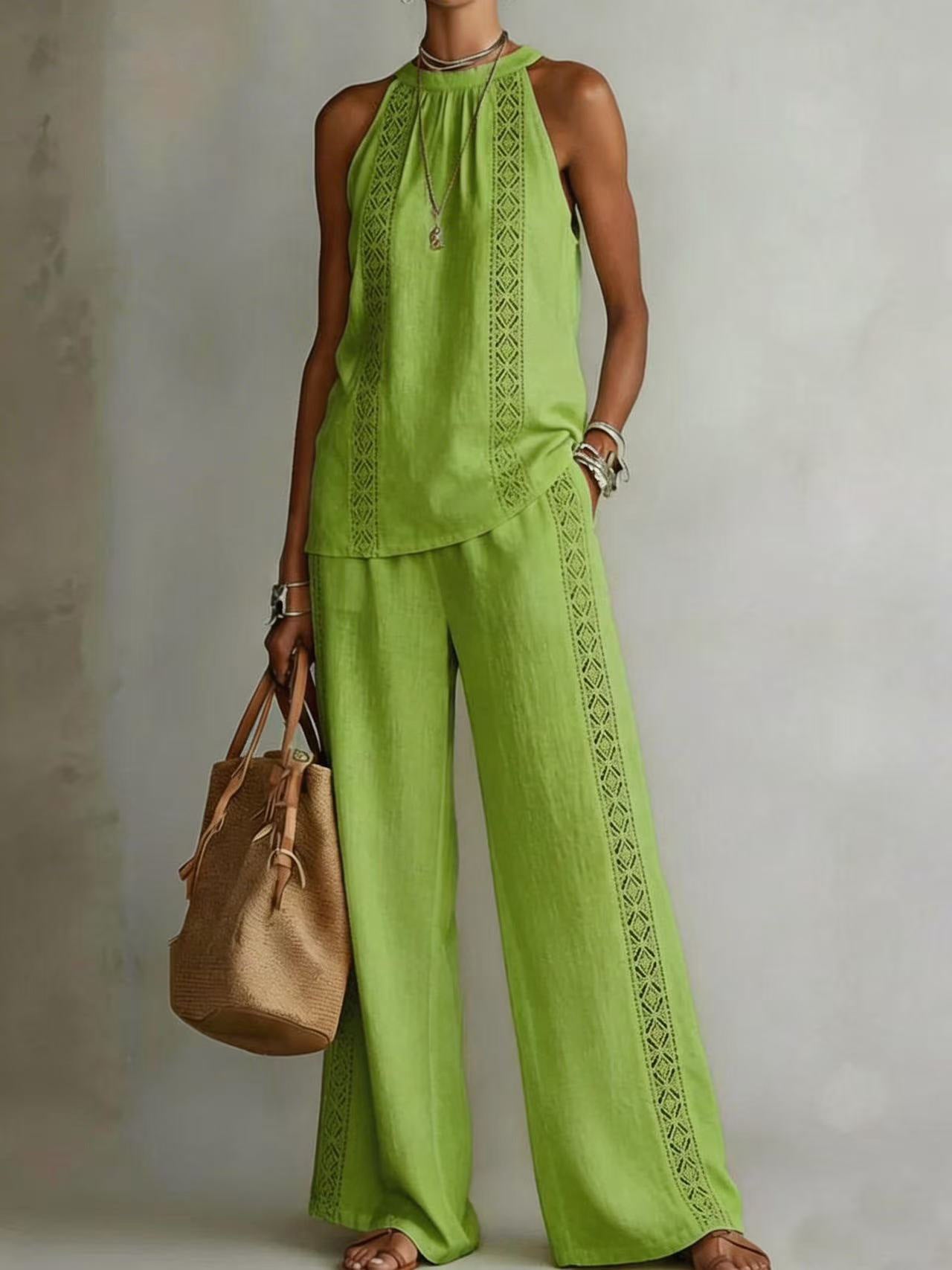 Ensemble Top Dentelle Rétro & Pantalon Large Femme