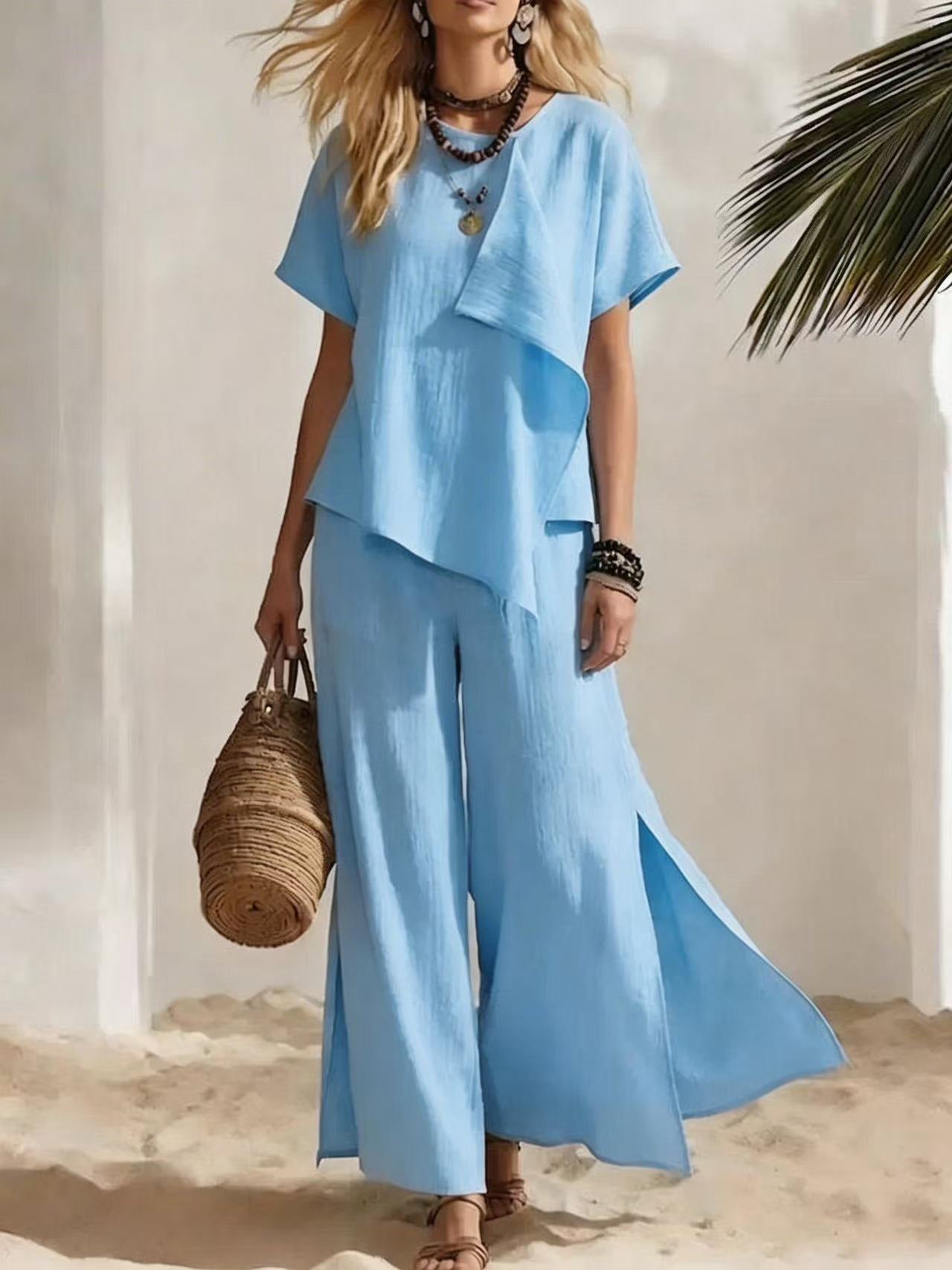 Ensemble Top Asymétrique & Pantalon Large Fendu Femme