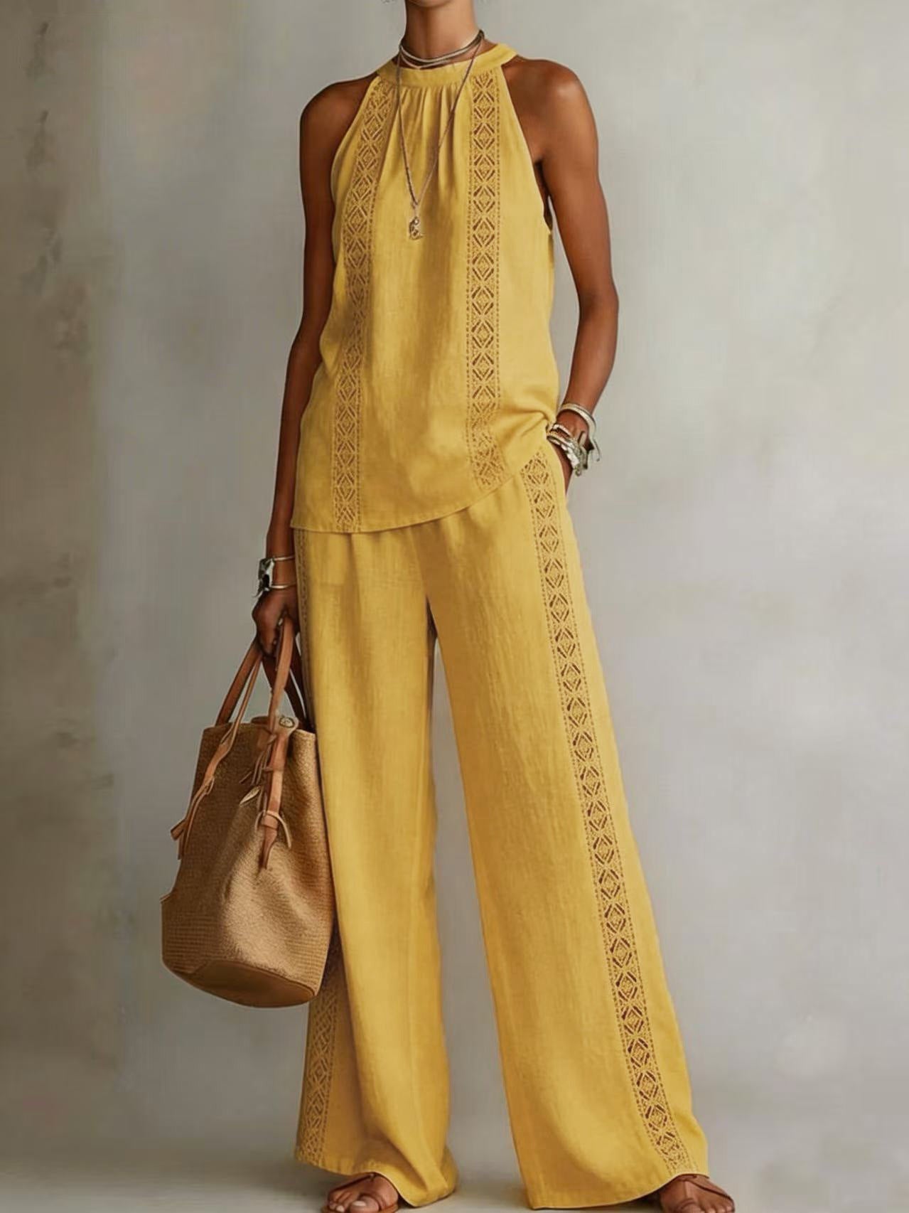 Ensemble Top Dentelle Rétro & Pantalon Large Femme