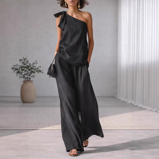 Top Épaule Dénudée Nœud & Pantalon Large Femme