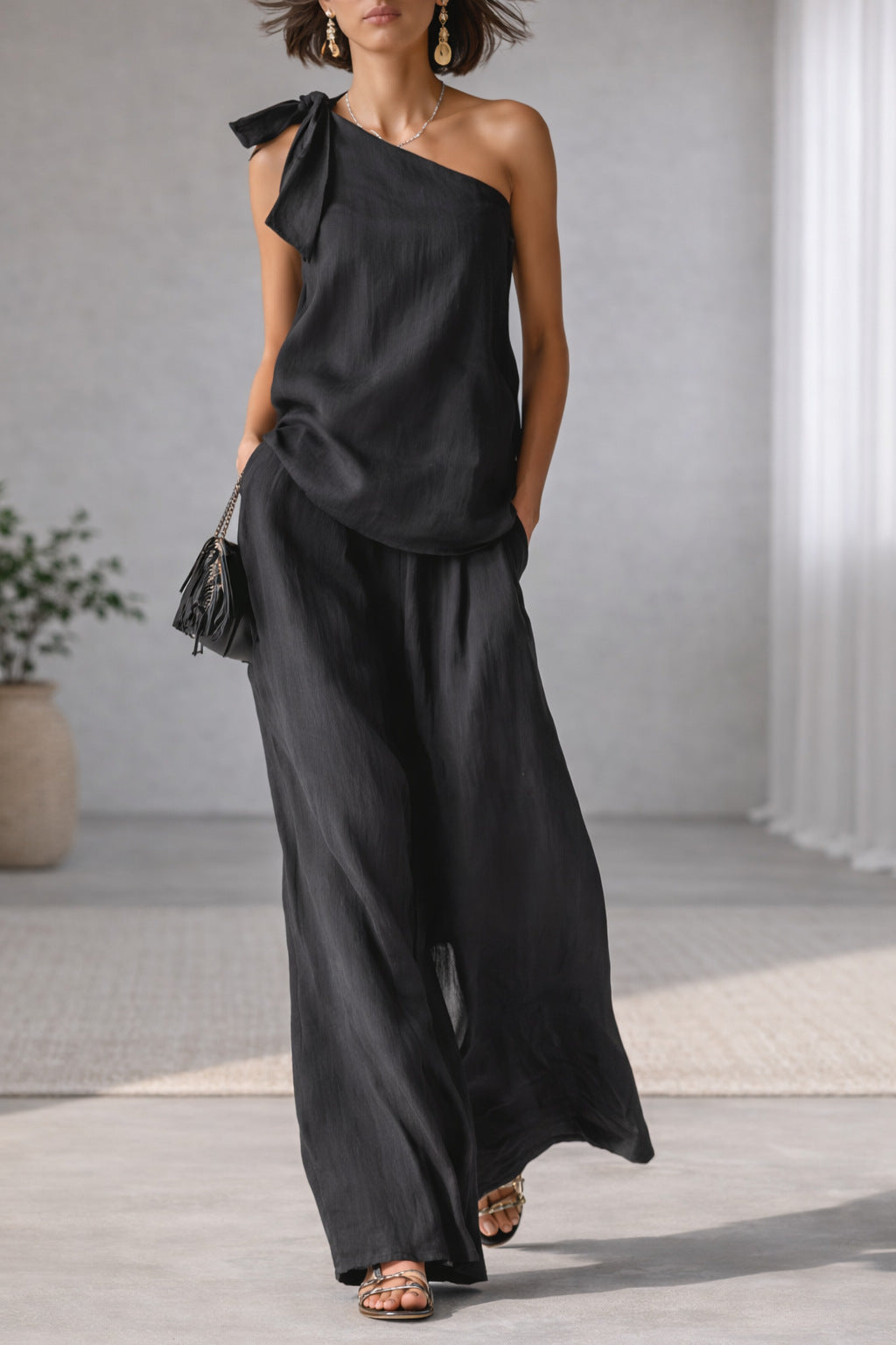 Top Épaule Dénudée Nœud & Pantalon Large Femme