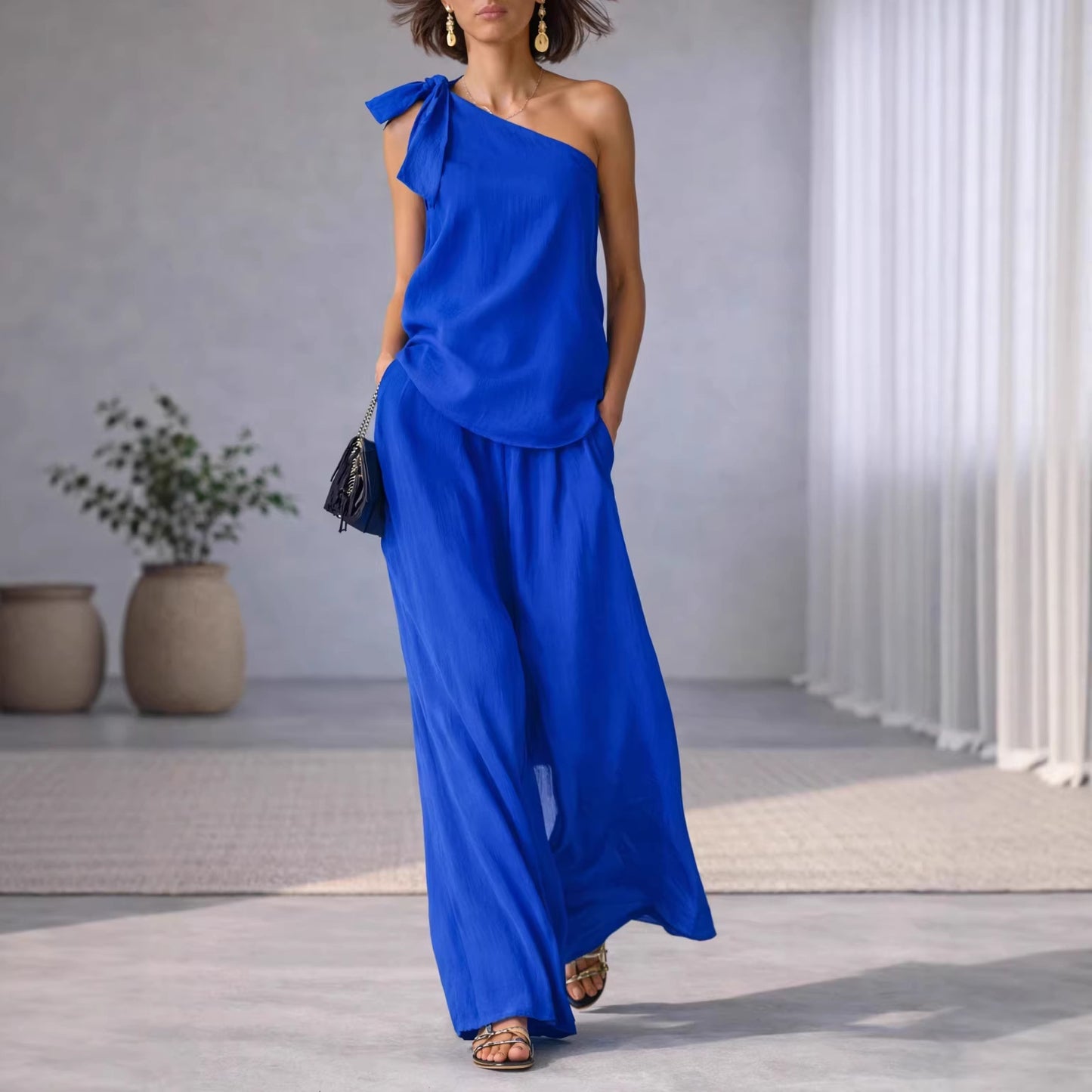 Top Épaule Dénudée Nœud & Pantalon Large Femme