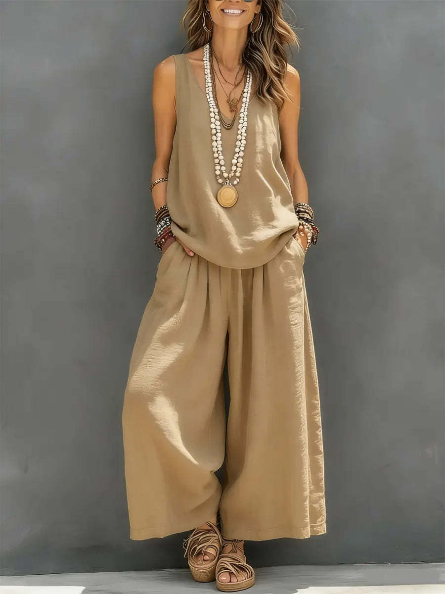 Ensemble Débardeur & Pantalon Large Coton-Lin Femme