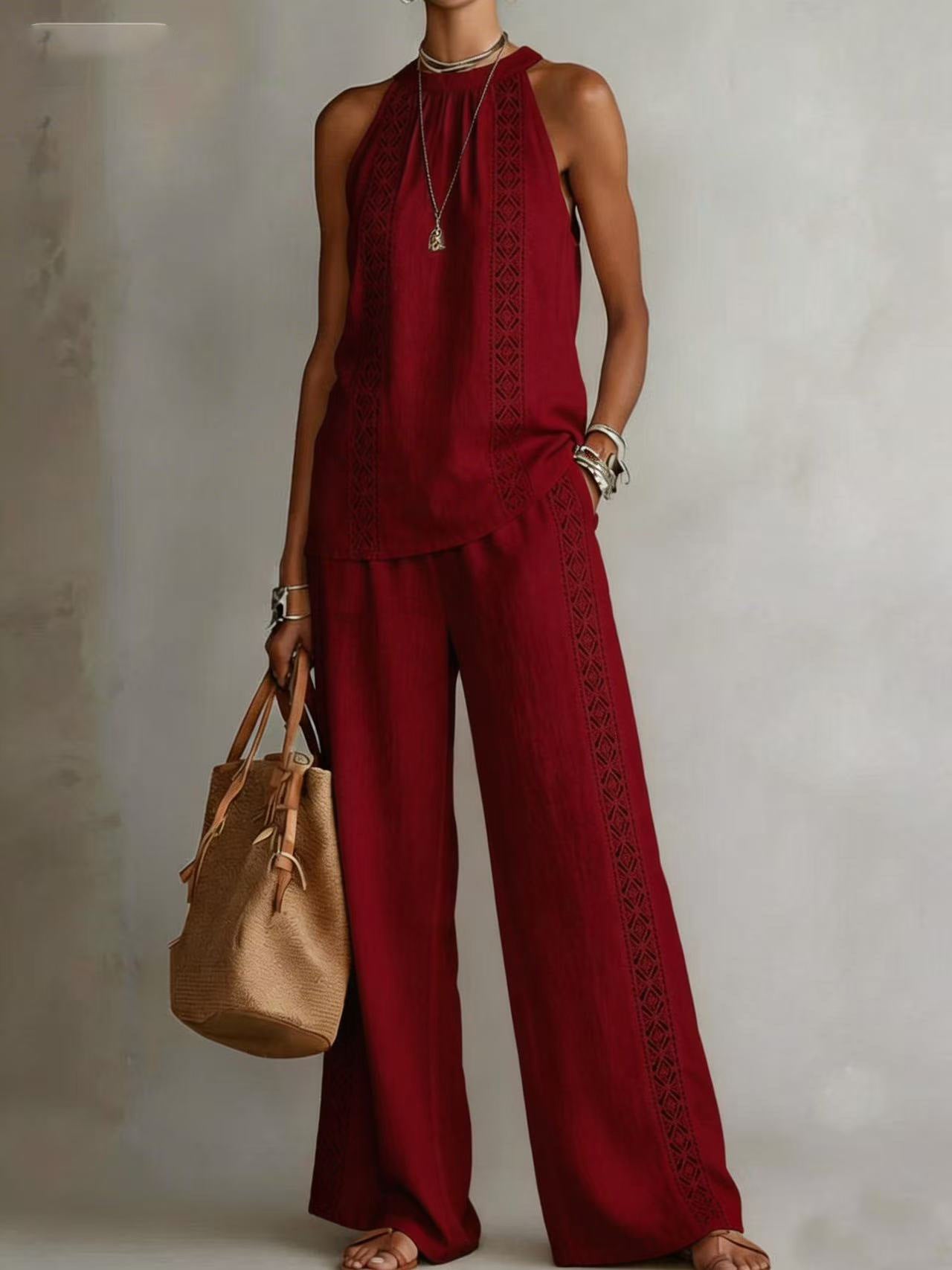 Ensemble Top Dentelle Rétro & Pantalon Large Femme
