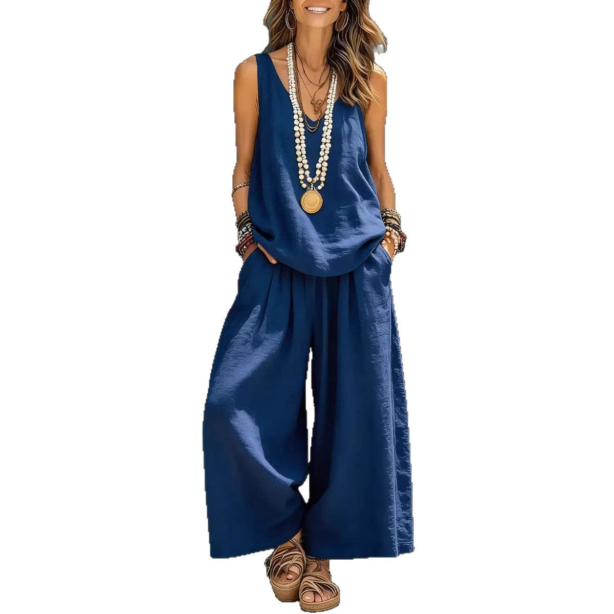 Ensemble Débardeur & Pantalon Large Coton-Lin Femme