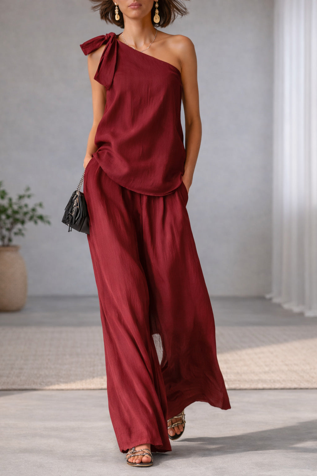 Top Épaule Dénudée Nœud & Pantalon Large Femme