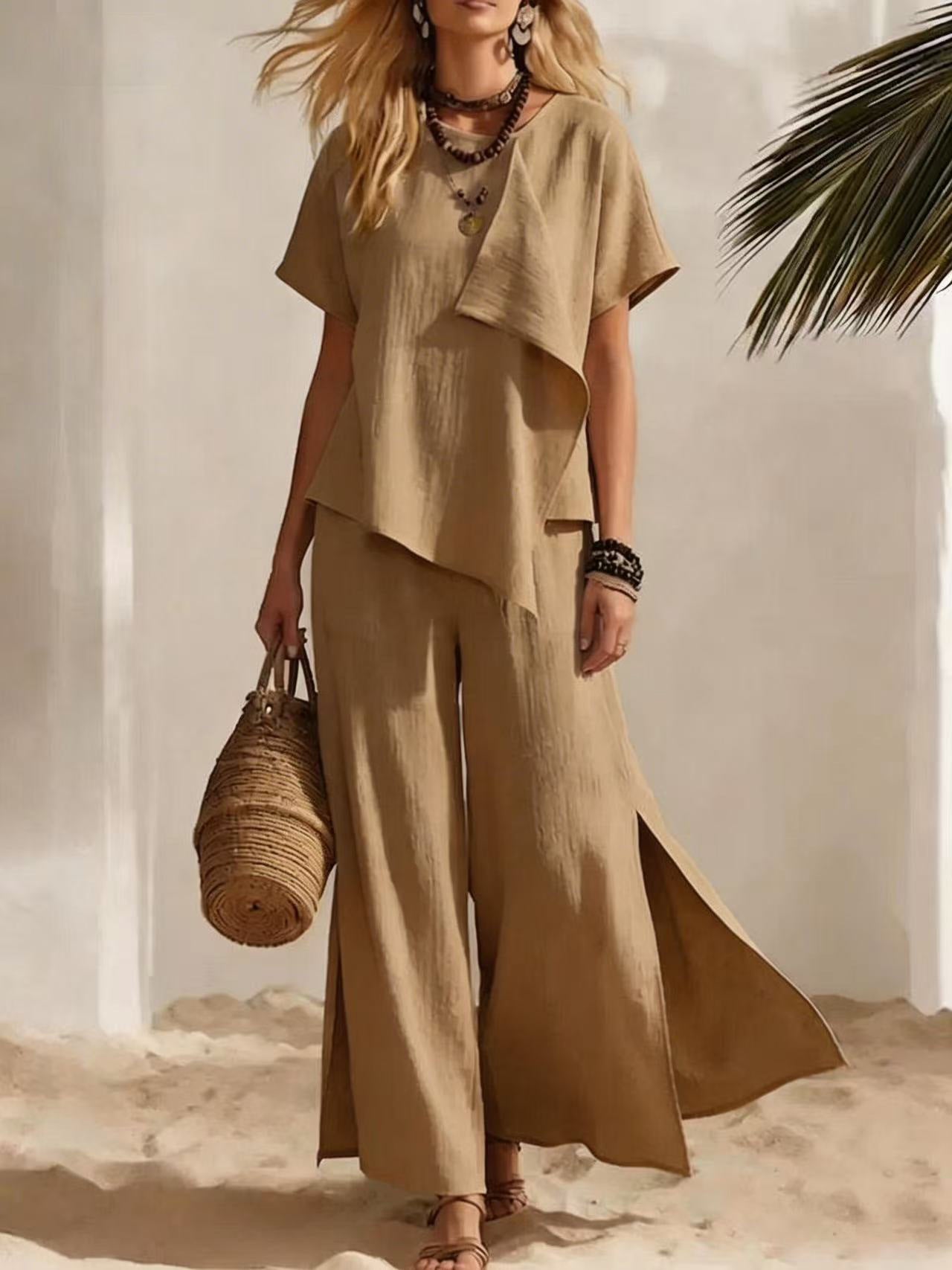 Ensemble Top Asymétrique & Pantalon Large Fendu Femme