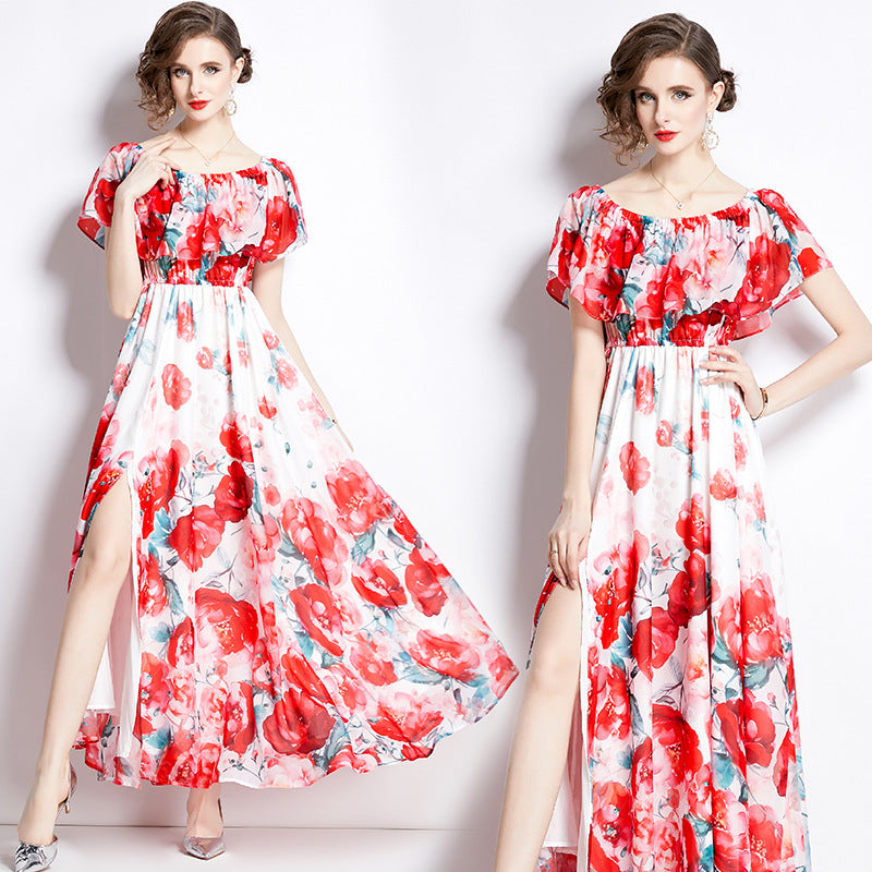 Robe Chiffon Imprimée Fendue Femme — Légèreté & Sensualité