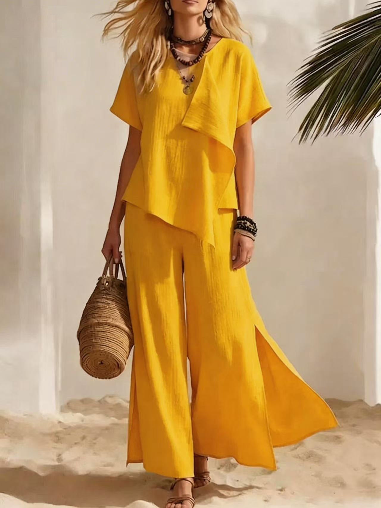 Ensemble Top Asymétrique & Pantalon Large Fendu Femme